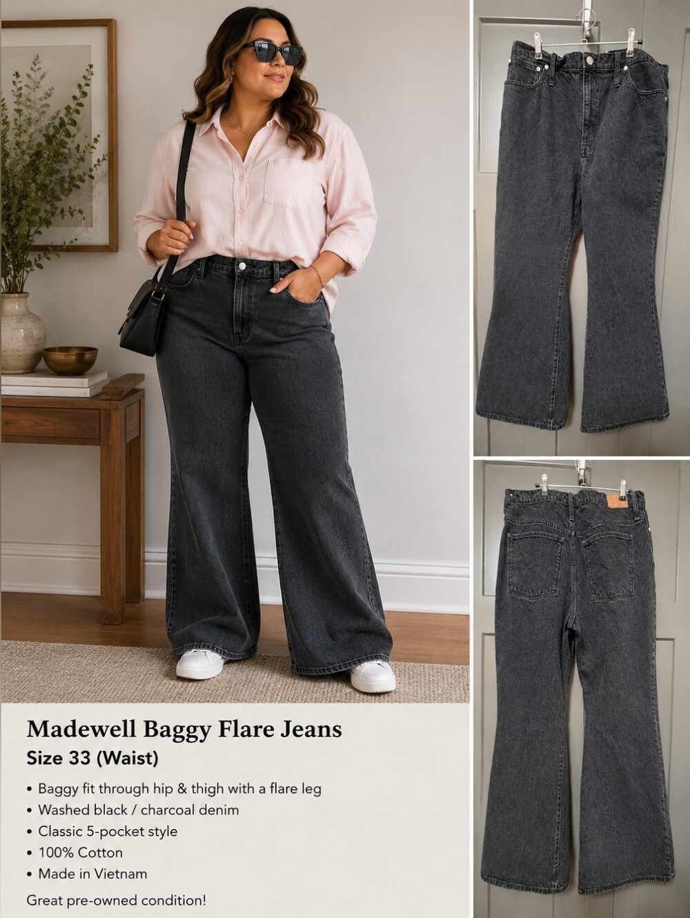 Madewell Baggy Flare Jeans Size 33 Washed Black Charcoal Full Length